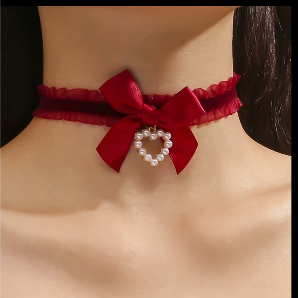Bohemian Elegant Red Bow Choker Necklace with Pearl Heart